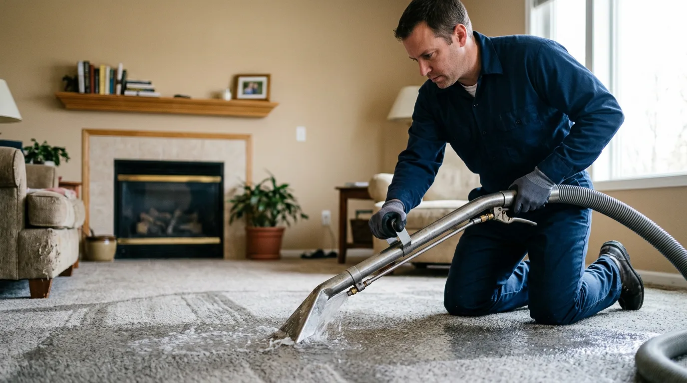 Water damage restoration technician working near Strong City, KS